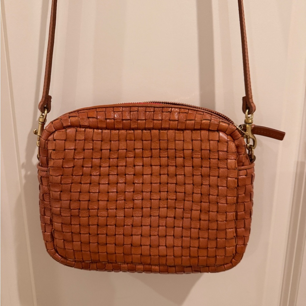 Clare V Midi Sac Woven Leather Crossbody Checker Brown